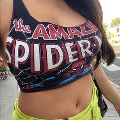 Custom By Me I Cut A T-Shirt It Ties On The Back And The Neck Like A Halter It’s Very Cute On 100% Cotton Care Tag Was Removed Bc I Cut It With Fabric Scissors Truly A Crop Top No Other Woman Would Have It’s An Older Spider-Man Tee From The Early 2000’s My Price Is Firm All Sales Final Y2k Black Printed Top, Black Printed Y2k Tops, Y2k Style Printed Black Top, Black Printed Y2k Style Tops, Y2k Style Black Printed Tops, Printed Black Cotton Tank Top, Black Printed Cotton Tank Top, Casual Black Printed Tank Top, Casual Black Printed Crop Top