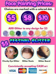 Face Paint Price Board, Face Paint Sign Ideas, Face Painting Flyer, Face Painting Price List, Face Painting Prices, Face Painting Business Names, Face Paint Business, Face Painting Signs Ideas, Face Painter Set Up