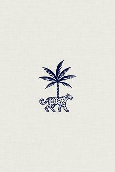 a blue and white drawing of a leopard with a palm tree on it's back