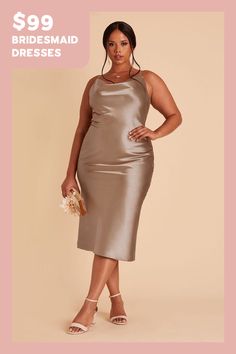 a woman in a silver dress with the words $ 99 bridesmaid dresses on it