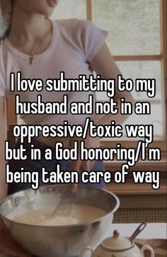 a woman sitting at a table with a bowl of soup in front of her and the words i love subiting to my husband and not in an aggressive / exotic