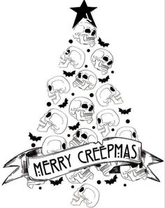 a christmas tree with skulls and bats around it, the words merry crepmass are