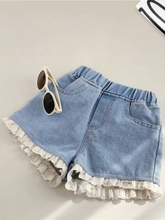 Mia Belle Girls Lace Trim Denim Shorts | Girls Casual Delicate Fashion, Birthday Sweater, Diy Shorts, Fall Preschool, Fashion Statements, Cute Fit, Lace Hem, Vintage Shorts, Colored Denim