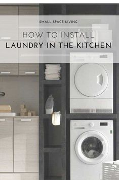 a laundry room with washer and dryer next to each other in front of cabinets