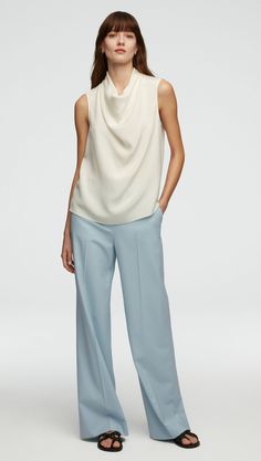 This sleeveless shell top features an elegant cowl neck design. Made from a drapey silk crepe, it’s wearable year-round on its own or as an easy layer with a blazer. Blazer Details, Cowl Top, Shell Top, Good To See You, Shell Tops, Flowy Pants, Work Tops, Fabric Silk, Double Breasted Blazer