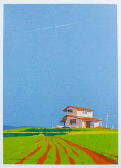 a painting of a house in the middle of a field with a dirt road leading to it