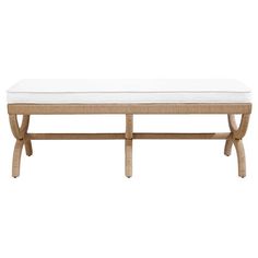 a wooden bench with white cushions on it's back end and legs, against a white background