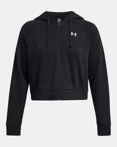 Ultra-soft, mid-weight cotton-blend fleece with brushed interior for extra warmth|Ribbed cuffs & bottom hem|Cropped body length Winter Fleece Activewear With Ribbed Cuffs, Cozy Long Sleeve Black Activewear, Cozy Black Long Sleeve Activewear, Cozy Cotton Sports Outerwear, Under Armour Long Sleeve Fleece Sweatshirt, Solid Fleece Jacket With Ribbed Cuffs, Jacket Crop, Under Armour Women, Fleece Jacket