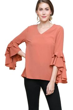 Layered Ruffle High Low Sleeve Blouse, Clay Blouse Dress Outfit, Power Hour, Elegant Outfit Classy, Tie Waist Top, You Rock, Tunic Blouse, Chiffon Top, Elegant Outfit, Embroidered Top