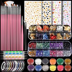 PRICES MAY VARY. Economical Nail Art Tool with Nail Glitter for Nail Art Beginners - You will get 12 pots nail glitter, 4 sheets nail sticker for nail art, 15pcs nail art brush pen, 5pcs nail dotted tool, 1 box 2mm nail art gems in 12 colors, 1 box 12 colors of nail foils for nail art, 10 rolls nail art tape for gel nails and 1pc tweezer 12 Colors of Fine Nail Glitter - There are large quantity of nail art glitters in this set, total 12 pots, each pot is about 5g, 12 different colors are laser s Nail Art Beginners, Nail Art Gems, Gel Nails Art, Nail Design Kit, Nail Dotting Tool, Art Beginners, Butterfly Colorful, Nail Foils, Popular Nail Art