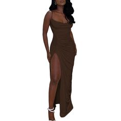 Brown Pleated Sexy High Split Party Dress Stretch Maxi Dress For Club And Party Season, Chic Maxi Dress For Club And Party Season, Backless Flirty Maxi Dress For Club, Trendy Ruched Bodycon Dress For Evening, Summer Dinner Bodycon Dress With Stretch, Flirty Backless Maxi Dress For Club, Stretch Maxi Dress For Party Season Night Out, Ruched Maxi Dress For Summer Party, Flirty Bodycon Dress For Dinner