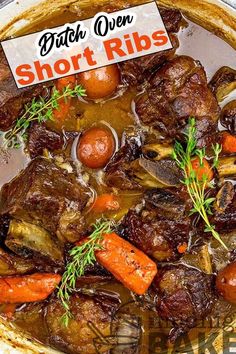 a pot filled with stew and carrots on top of a wooden table next to a sign that reads british oven short ribs