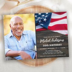 a wooden plate with an american flag on it and a card that says, we are celebrating