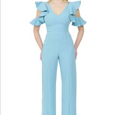 Nwt Ruffle Sleeve Jumpsuit 95% Polyester, 5% Spandex Blue V-neck Jumpsuit With Ruffles, Elegant Blue Jumpsuits And Rompers With Ruffles, Light Blue Jumpsuits And Rompers For Spring Party, Light Blue V-neck Jumpsuit For Party, Chic Light Blue Fitted Jumpsuits And Rompers, Chic Fitted Light Blue Jumpsuits And Rompers, Elegant Light Blue Jumpsuits And Rompers For Party, Elegant Blue Jumpsuits And Rompers For Spring, Fitted Light Blue Jumpsuit For Party