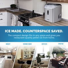 an advertisement for the ice made counter space saver, featuring pictures of kitchen furniture and appliances