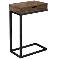 the side table is made from wood and metal with a drawer on one end,