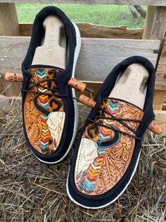 Leather Tooled Shoes, Custom Leather Hey Dudes, Tooled Hey Dudes, Custom Tooled Leather Hey Dudes, Tooled Leather Hey Dudes, Leather Hey Dudes, Hey Dude Leather Designs, Christmas Sneakers, Hay Dudes