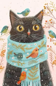 a black cat wearing a blue scarf with birds on it's neck and in the background there is an illustration of flowers, branches, leaves, twigs, and small birds