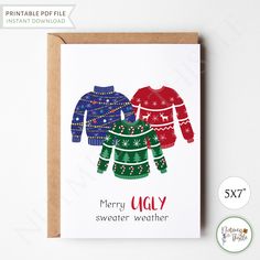 two ugly sweaters on a card with the text merry ugly sweater written in red, green and blue