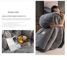 a woman wrapped in a blanket on top of a bed next to an open magazine