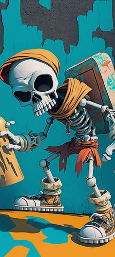 a skeleton with a book in his hand and a skateboard on the ground next to it