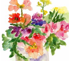 a watercolor painting of flowers in a vase on a white background with the colors of pink, purple, yellow and orange