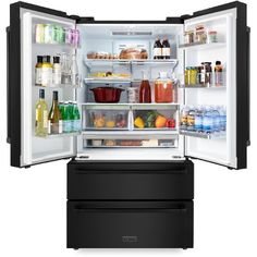 an open refrigerator with its doors wide open and full of food, drinks and condiments