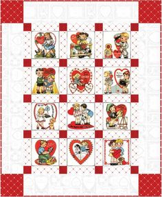 a red and white checkered quilt with hearts