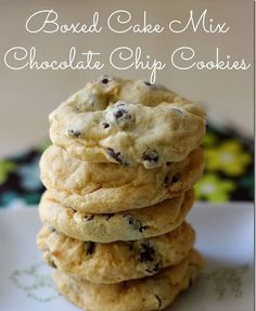 chocolate chip cookies stacked on top of each other in front of the words boned cake mix chocolate chip cookies