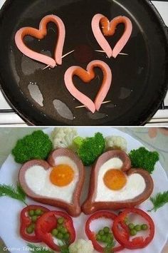 two pictures with hearts shaped like eggs and vegetables in the shape of heart cutouts