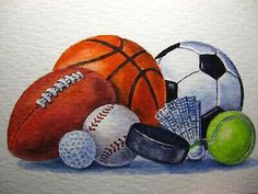 watercolor painting of sports items on white paper