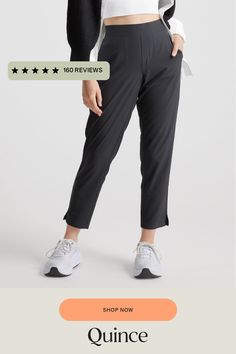 These look like classic work pants, but move like your favorite activewear. Our lightweight, breathable Performance Tech Commuter Pants have just the right amount of stretch for days when you’re on the go, plus the sun protection and quick-dry properties of top-notch performance wear.  | Quince | Women's Performance Tech Ankle Pants in Black, Size Medium, Polyester Breathable 4-way Stretch Sportswear Pants, Sportswear Comfort Stretch Go-dry Pants, Sporty 4-way Stretch Pants With Side Pockets, Sporty Pants With 4-way Stretch And Side Pockets, Athleisure Pants With 4-way Stretch And Elastic Side Panels, Sporty Pants With Side Pockets And 4-way Stretch, Sporty Ankle-length Activewear For Jogging, Sporty Ankle-length Activewear For Running, Versatile Sports Pants With 4-way Stretch