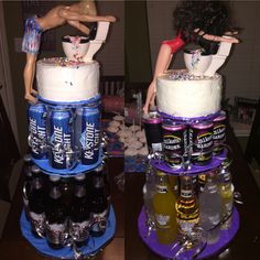 two cakes made to look like they are stacked on top of each other with beer bottles