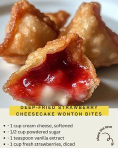 deep - fried strawberry cheesecake wonton bites on a white plate with information about how to make them