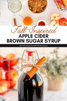 an apple cider brown sugar syrup in a glass bottle