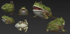 some green and white frogs with their mouths open in various positions on a black background