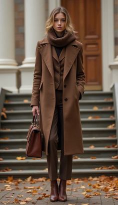 Chocolate Brown Winter Outfit, Winter Evening Outfits Classy, Brown Coat Aesthetic, Brown Coat Outfit, Fall Chic Outfits, Cocktail Chic, Elegance Dress, Winter Chic, Fashion Trends Winter