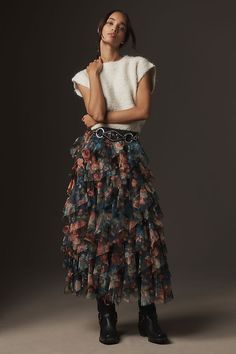 The Chéri Ruffled Tulle Midi Skirt by Anthropologie Ruffle Tulle Skirt Outfit, Midi Ruffle Skirt Outfit, Tule Skirt Outfits Casual, Tule Skirt Outfits, Tulle Midi Skirt Outfit, Tulle Skirt Outfit Casual Street Style, Anthropologie Outfits, Tulle Skirt Outfit, Tulle Outfit