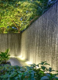 an outdoor shower in the middle of a garden with trees and plants around it at night