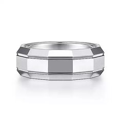 a men's wedding band in white gold with black and grey squares on the side