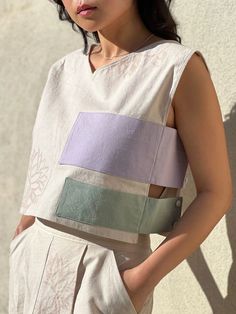 Sleeveless V-neck Blouse Linen Blend Patching | Etsy Ropa Upcycling, Diy Vetement, Linen Fashion, Womens Blouses, Need Someone, V Neck Blouse, Mode Inspiration, Fashion Sewing, Sewing Clothes