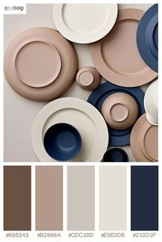 an assortment of plates and bowls are shown in shades of brown, beige, and blue