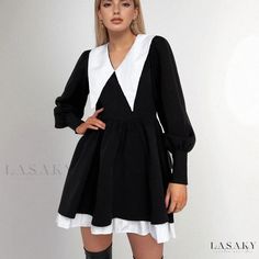 Lasaky - Chic Dress with Doll Collar, Waist Cinching, and Flared Skirt in Classic Black Doll Collar Dress, Black Collared Dress, Evening Mini Dresses, Street Dress, Mini Dresses For Women, Vestidos Vintage, Patchwork Dress, Womens Black Dress, Slim Dresses