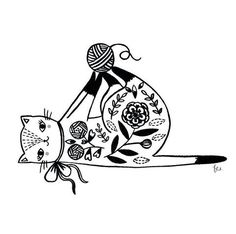 a black and white drawing of a cat laying on top of a ball of yarn