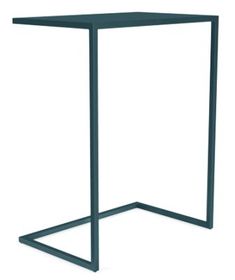 the side table is made out of metal and has a square base with an open end section