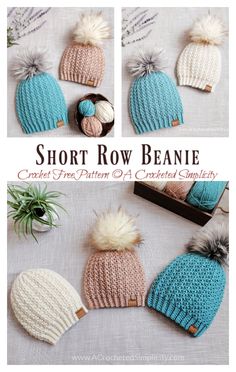 four different knitted hats with pom - poms on the top and bottom