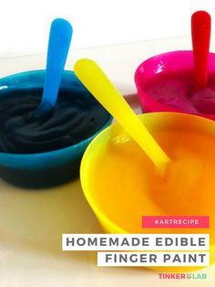 three different colored bowls with spoons in them and the words homemade edible finger paint