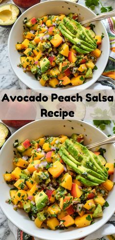 avocado peach salsa recipe in two white bowls