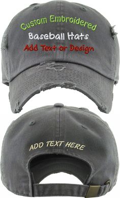 a baseball cap with the words custom embroidered on it and an additional hat for design