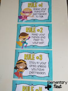 three blue and white labels with cartoon characters on them that say rules for the classroom